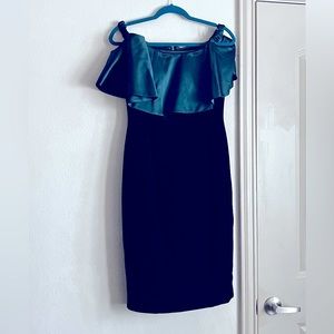 Emerald Green Dress , Off The Shoulder Velvet Gown with Charmeuse Ruffle Popover